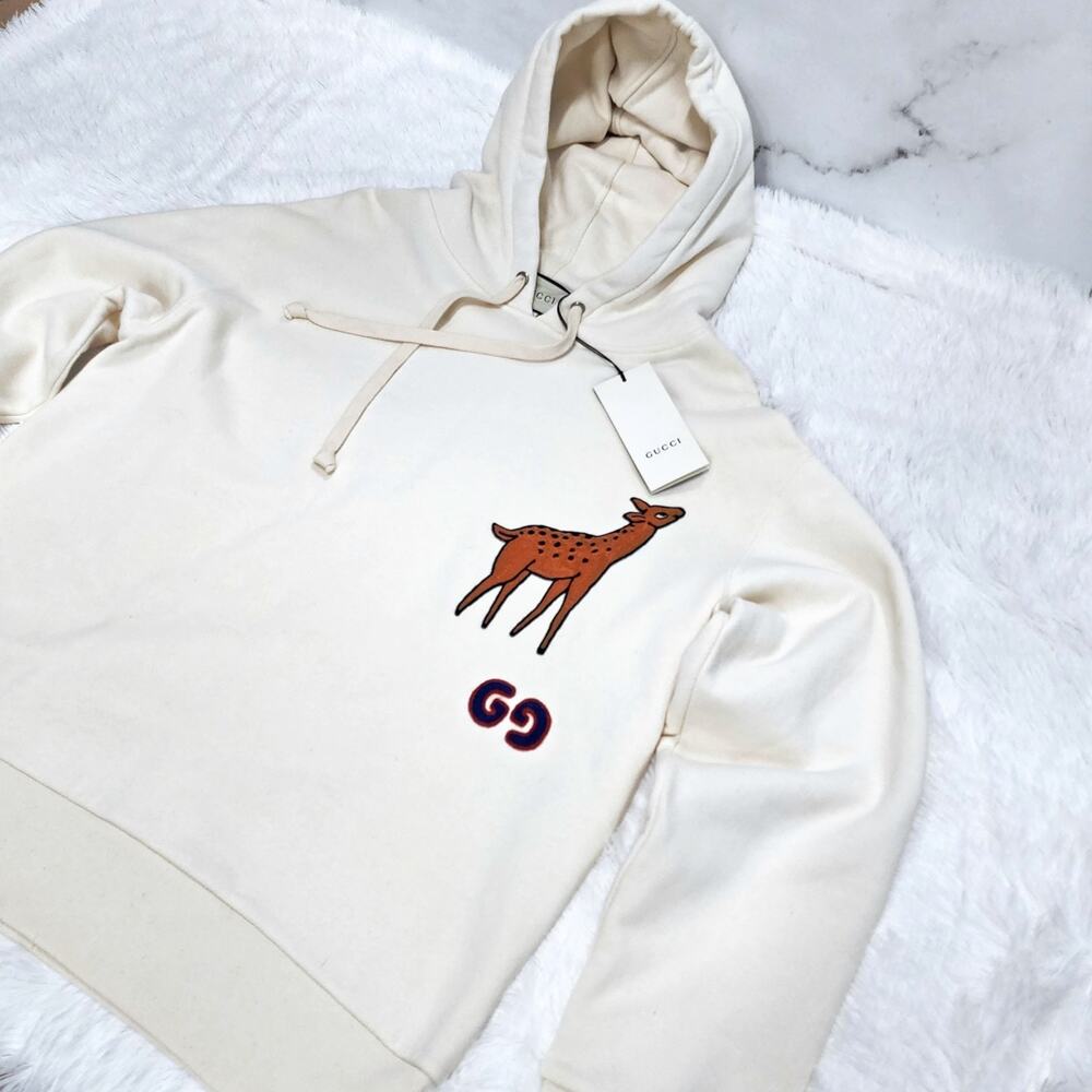 Gucci Mens Deer Applique Pullover Hoodie Ivory White | L | MSRP $1400 | Rare